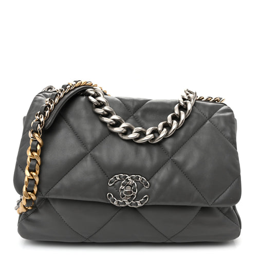 Large Quilted Lambskin Flap Shoulder Bag - Grey