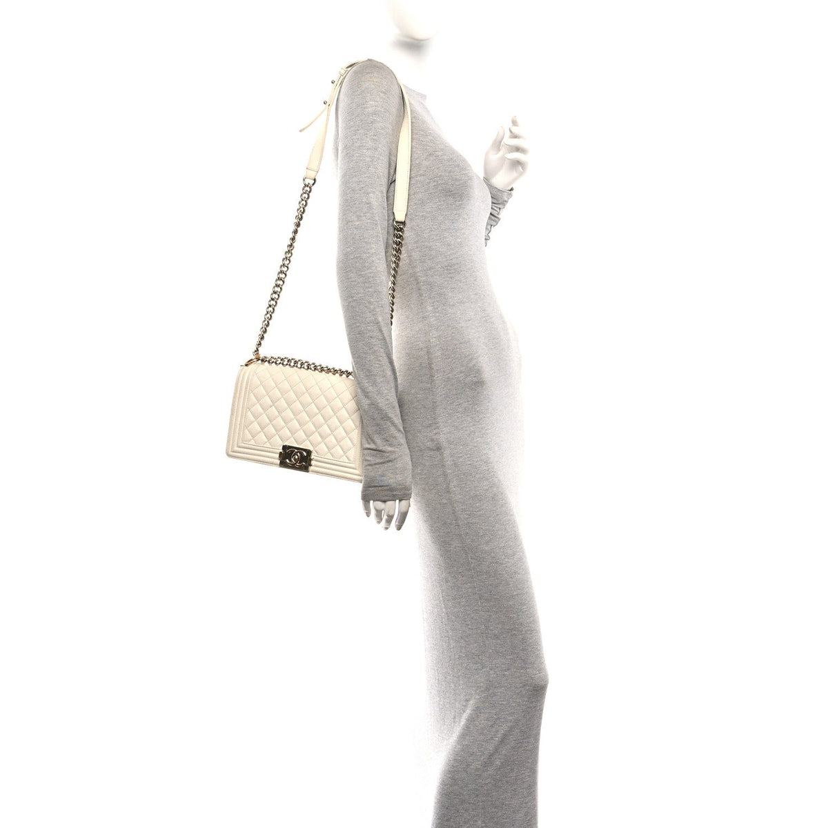 Medium Quilted Caviar Flap Shoulder Bag - White