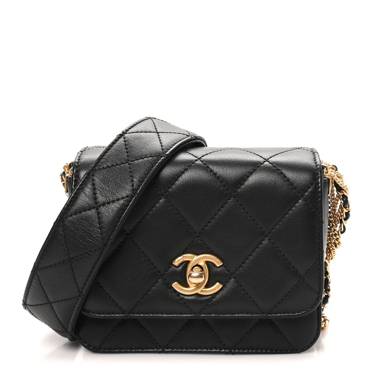 Small Quilted Lambskin Flap Shoulder Bag - Black