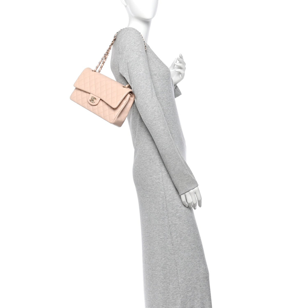 Medium Quilted Caviar Flap Shoulder Bag - Beige