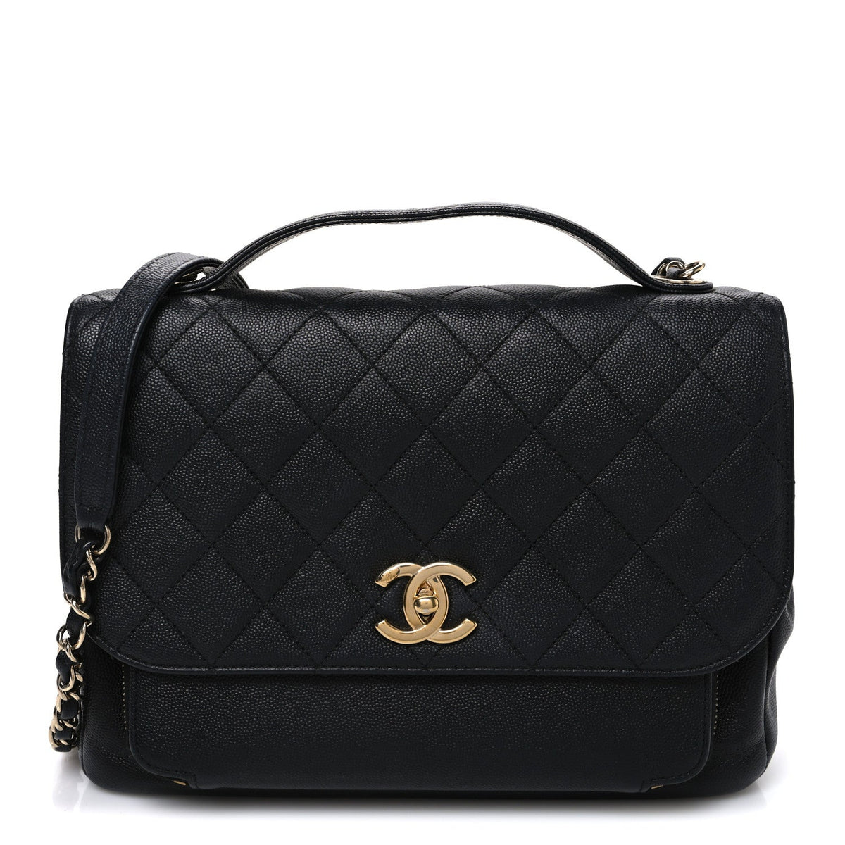 Large Quilted Caviar Flap Shoulder Bag - Black
