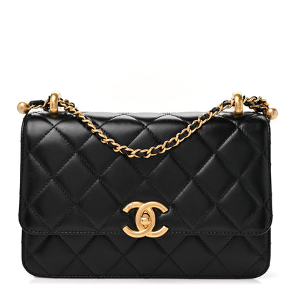Quilted Calfskin Flap Shoulder Bag - Black