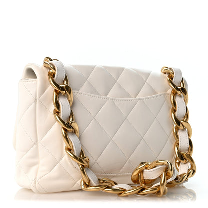 Large Quilted Lambskin Flap Shoulder Bag - White