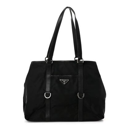 Leather Nylon Tote Bag - Black