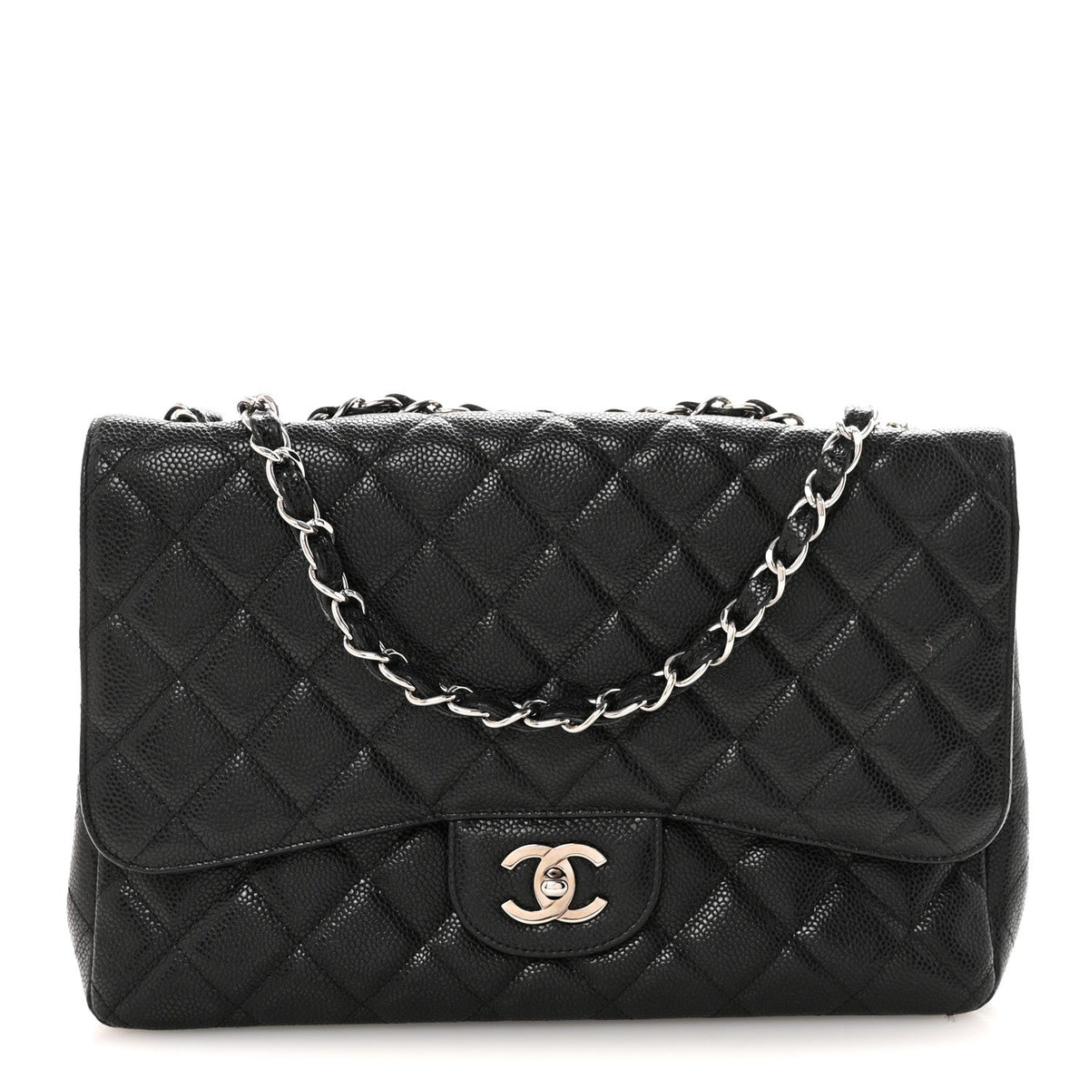 Quilted Caviar Flap Shoulder Bag - Black
