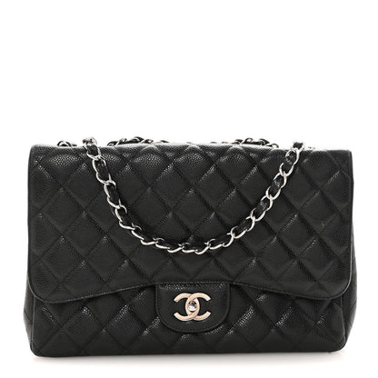Quilted Caviar Flap Shoulder Bag - Black