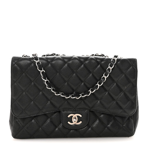 Quilted Caviar Flap Shoulder Bag - Black