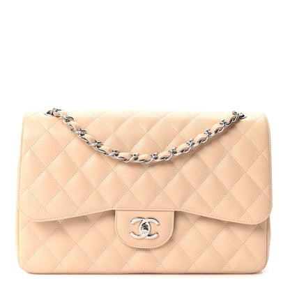 Quilted Caviar Flap Shoulder Bag - Beige