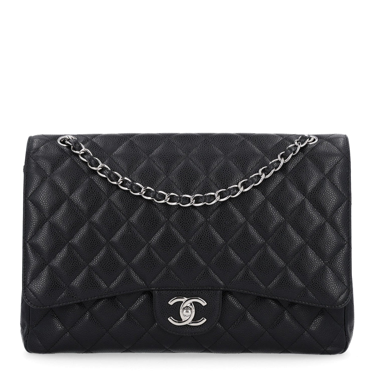 Maxi Quilted Caviar Flap Shoulder Bag - Black
