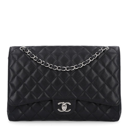 Maxi Quilted Caviar Flap Shoulder Bag - Black