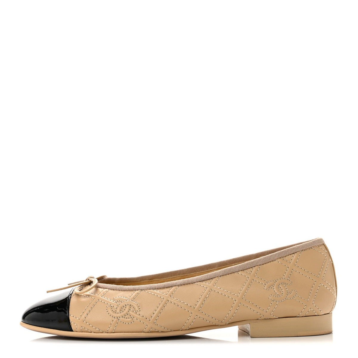Lambskin Patent Double Stitched CC Cap Toe Ballerina Flats Beige Black