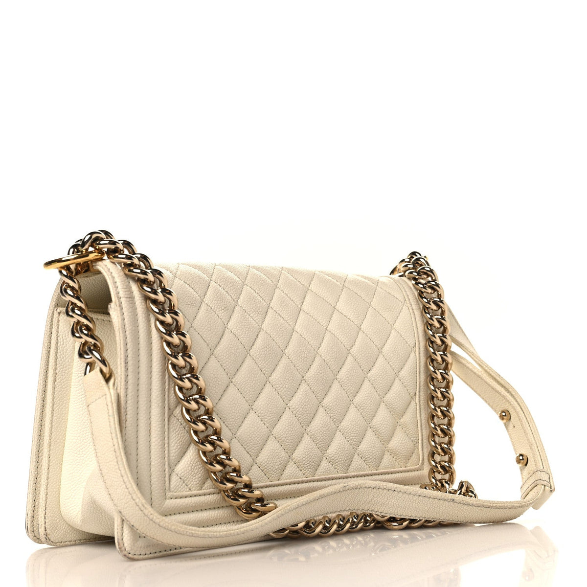 Medium Quilted Caviar Flap Shoulder Bag - White