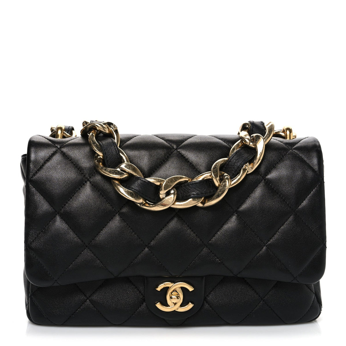 Large Quilted Lambskin Flap Shoulder Bag - Black