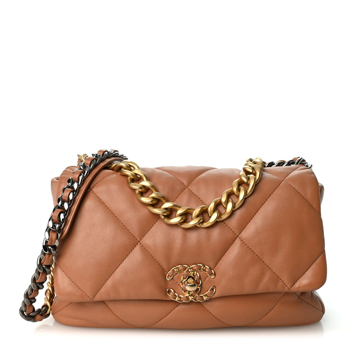 Large Quilted Lambskin Flap Shoulder Bag - Brown