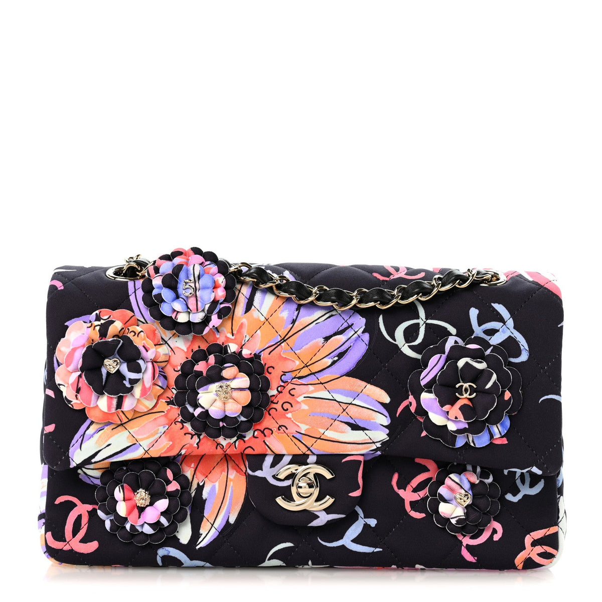 Quilted Fabric Flap Shoulder Bag - Black