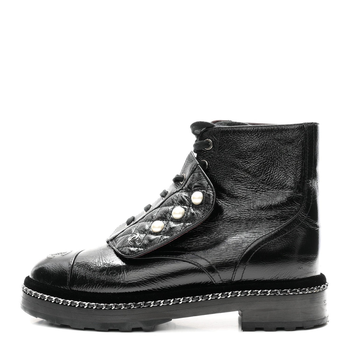 Crackled Calfskin Velvet Pearl Combat Short Boots Black