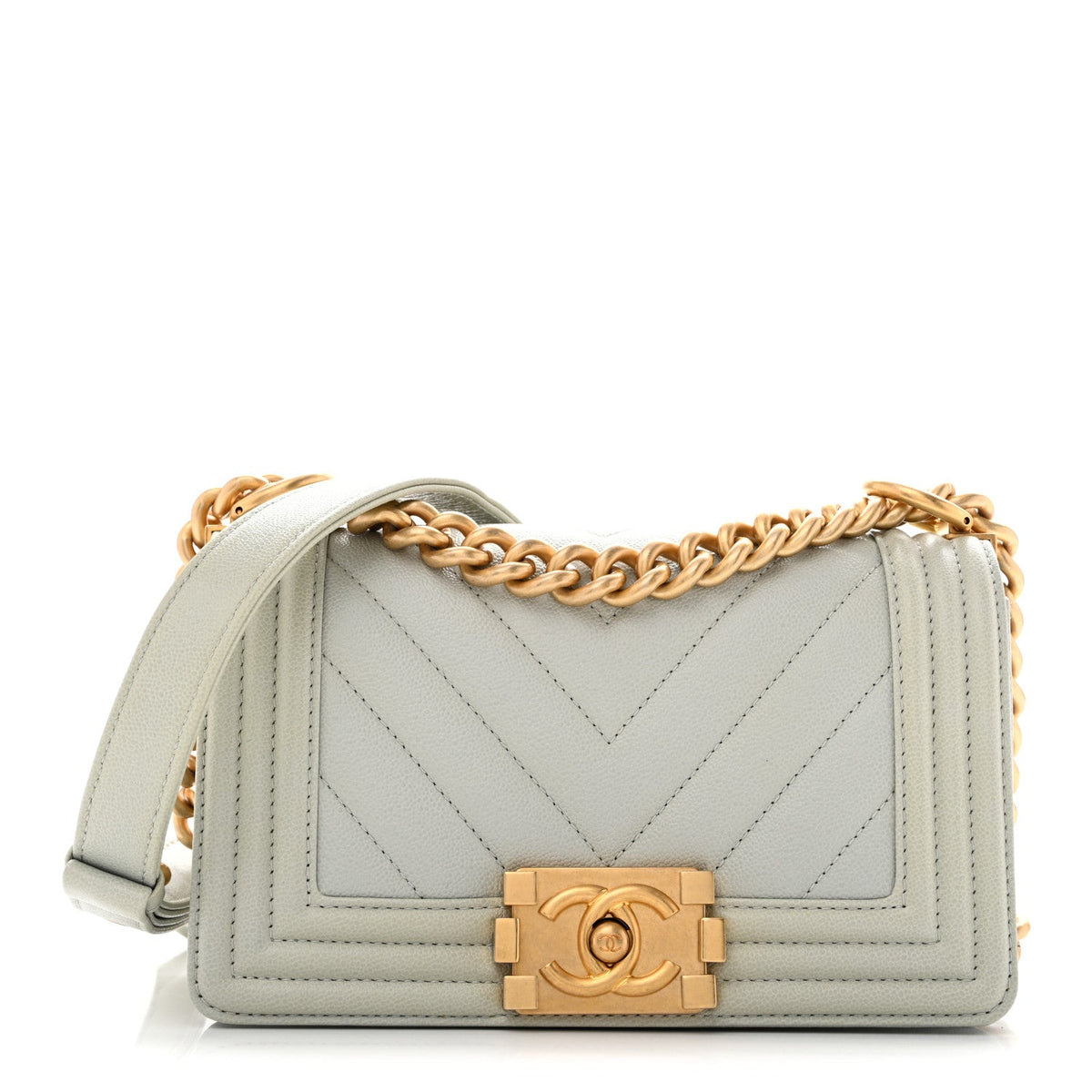 Small Quilted Caviar Flap Shoulder Bag - Grey