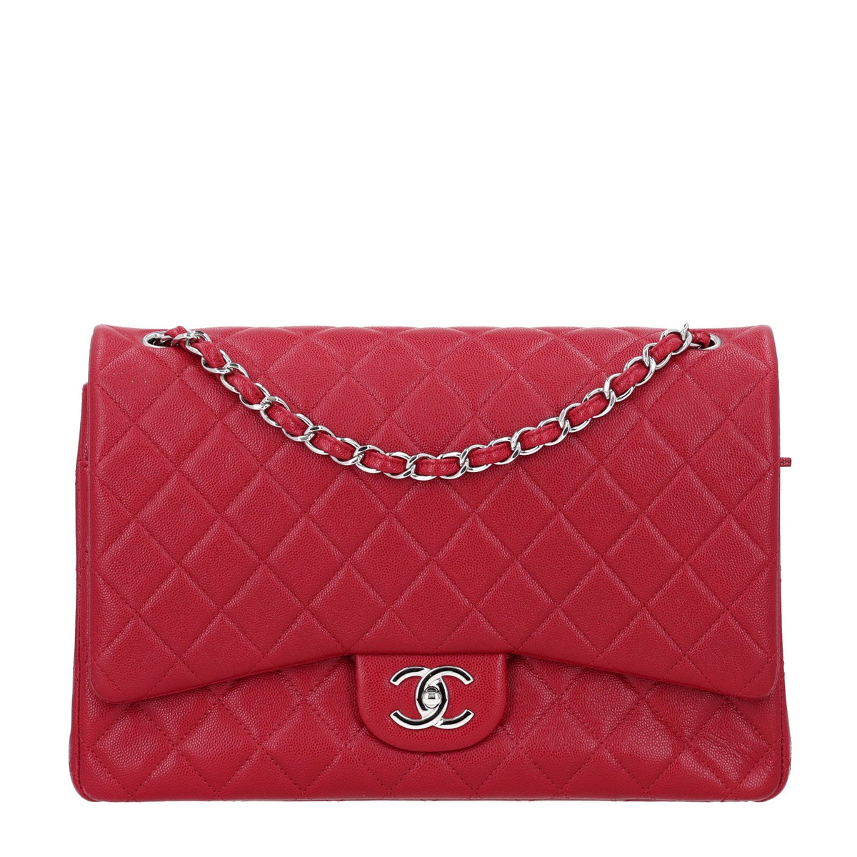 Maxi Quilted Caviar Flap Shoulder Bag - Red