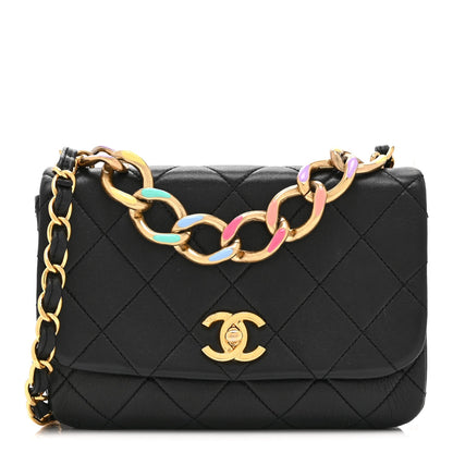 Small Quilted Lambskin Flap Shoulder Bag - Black