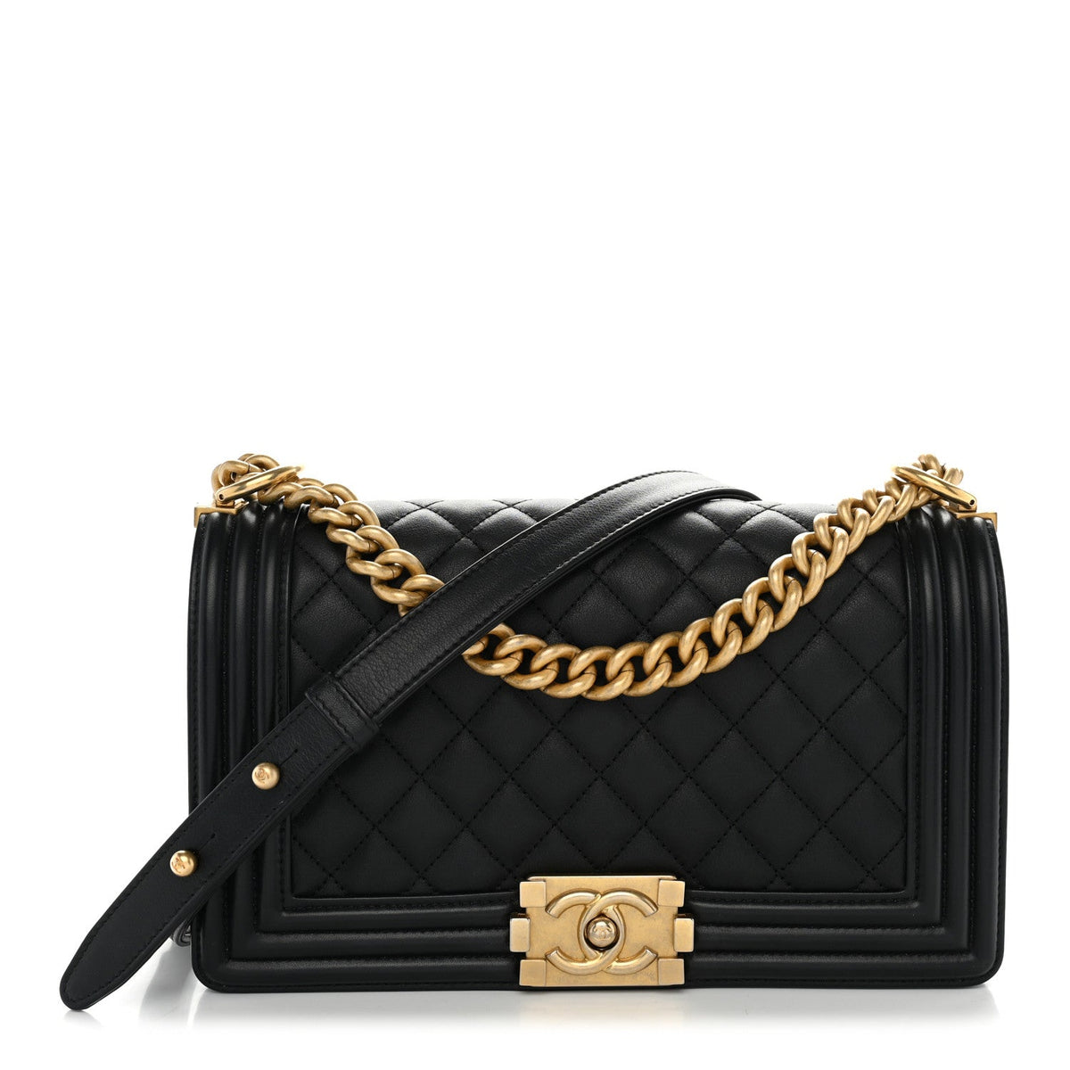 Medium Quilted Calfskin Flap Shoulder Bag - Black