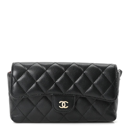 Quilted Caviar Flap Shoulder Bag - Black