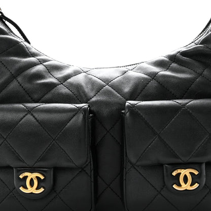 Large Quilted Lambskin Hobo Bag - Black