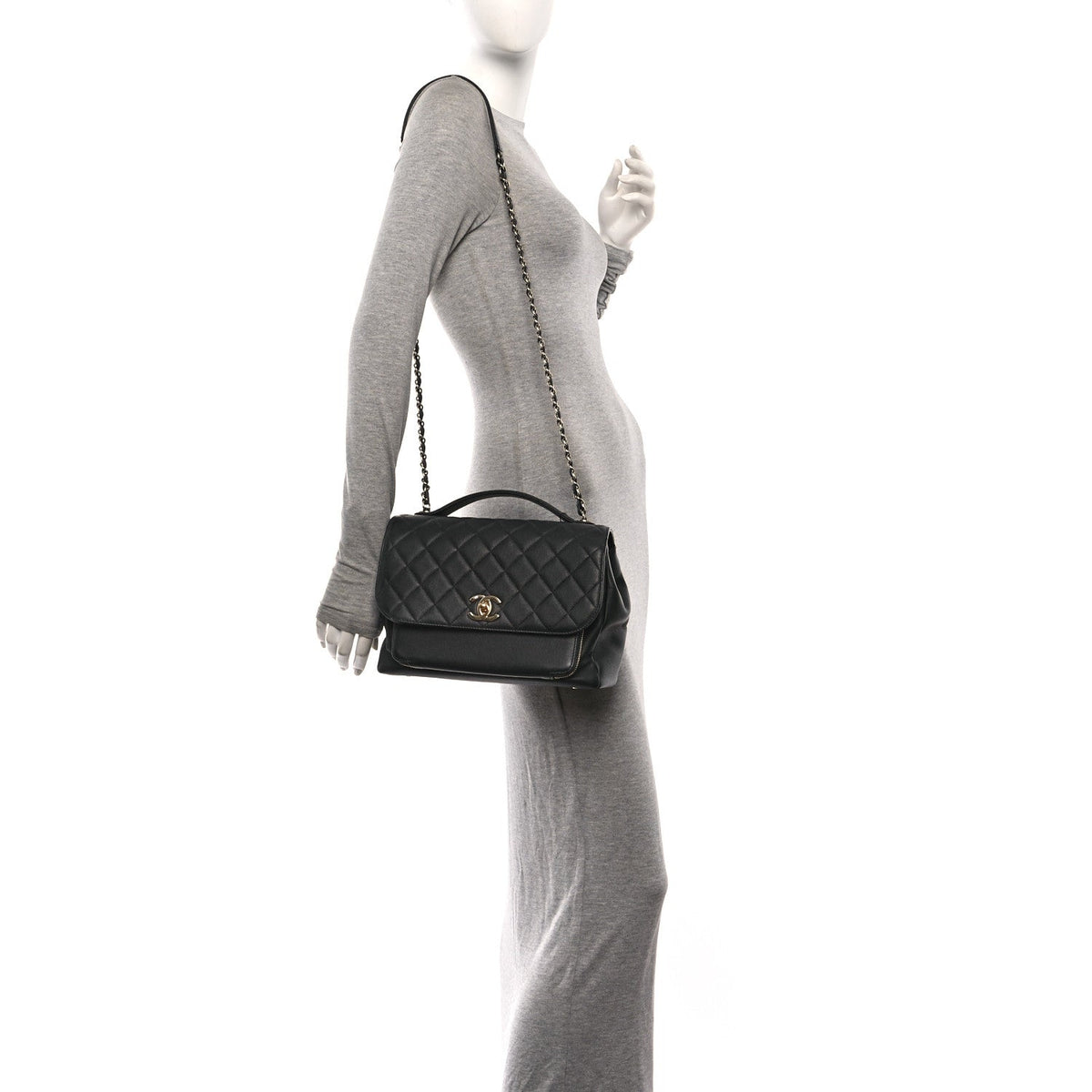 Large Quilted Caviar Flap Shoulder Bag - Black