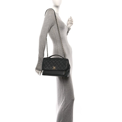 Large Quilted Caviar Flap Shoulder Bag - Black