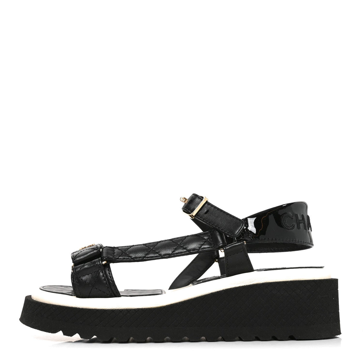 Lambskin Patent Calfskin Logo Platform Sandals Black