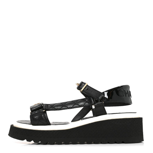 Lambskin Patent Calfskin Logo Platform Sandals Black