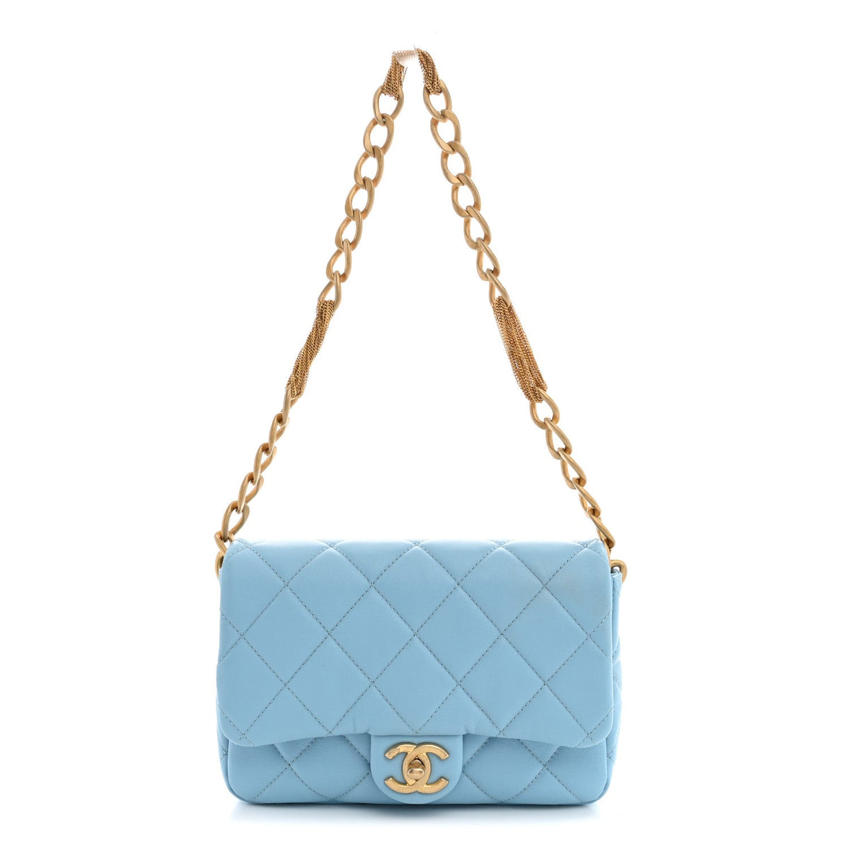 Quilted Lambskin Flap Shoulder Bag - Light Blue