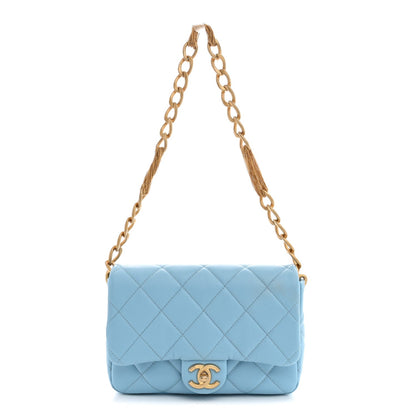 Quilted Lambskin Flap Shoulder Bag - Light Blue