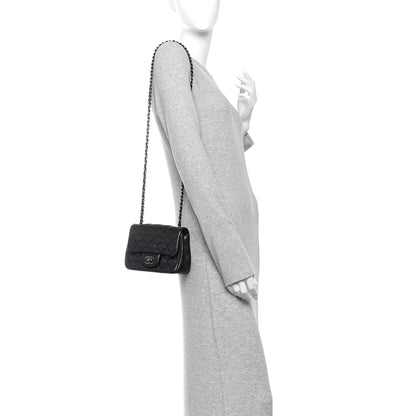 Mini Quilted Caviar Flap Shoulder Bag - Black