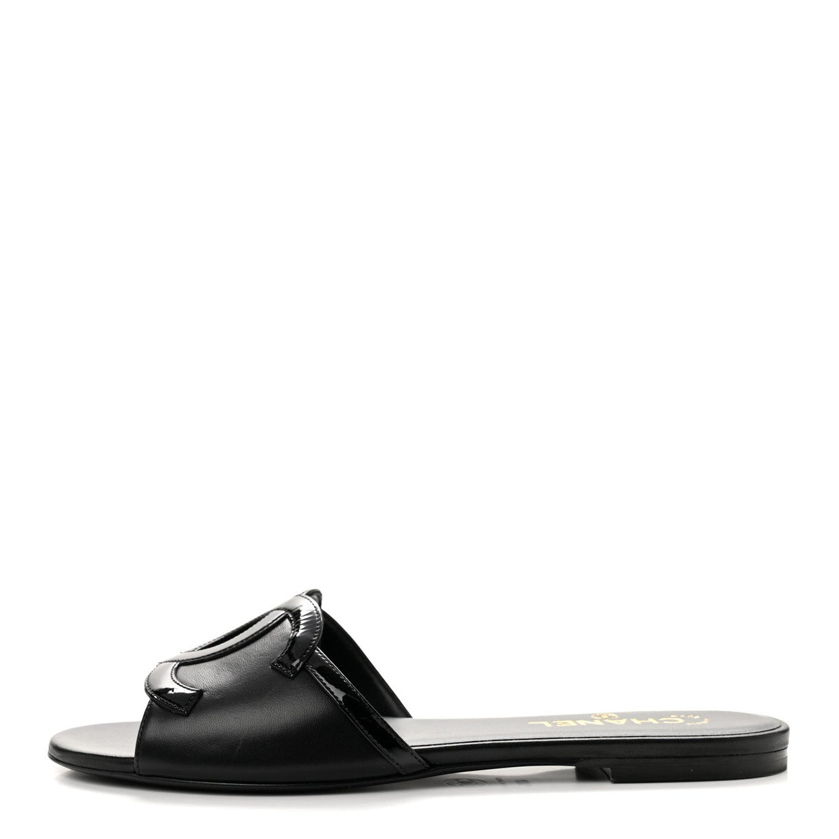Lambskin Patent Calfskin CC Cutout Mules Black