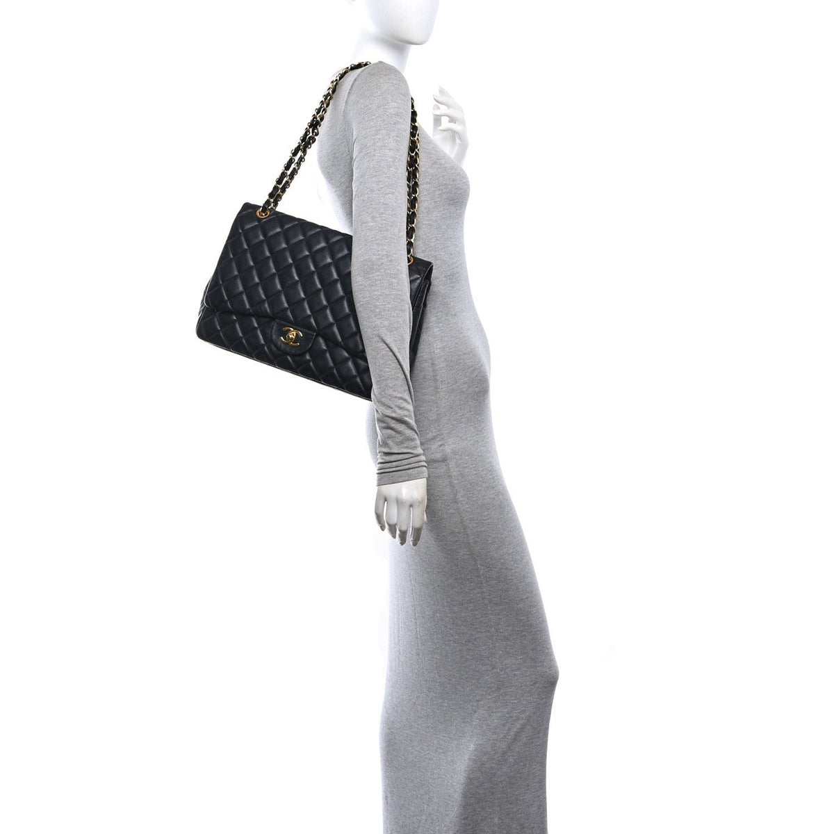 Maxi Quilted Lambskin Flap Shoulder Bag - Black