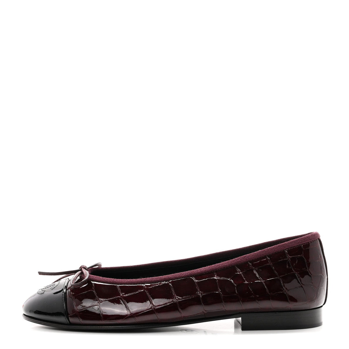 Patent Calfskin Crocodile Embossed Ballerina Flats Dark Burgundy Black