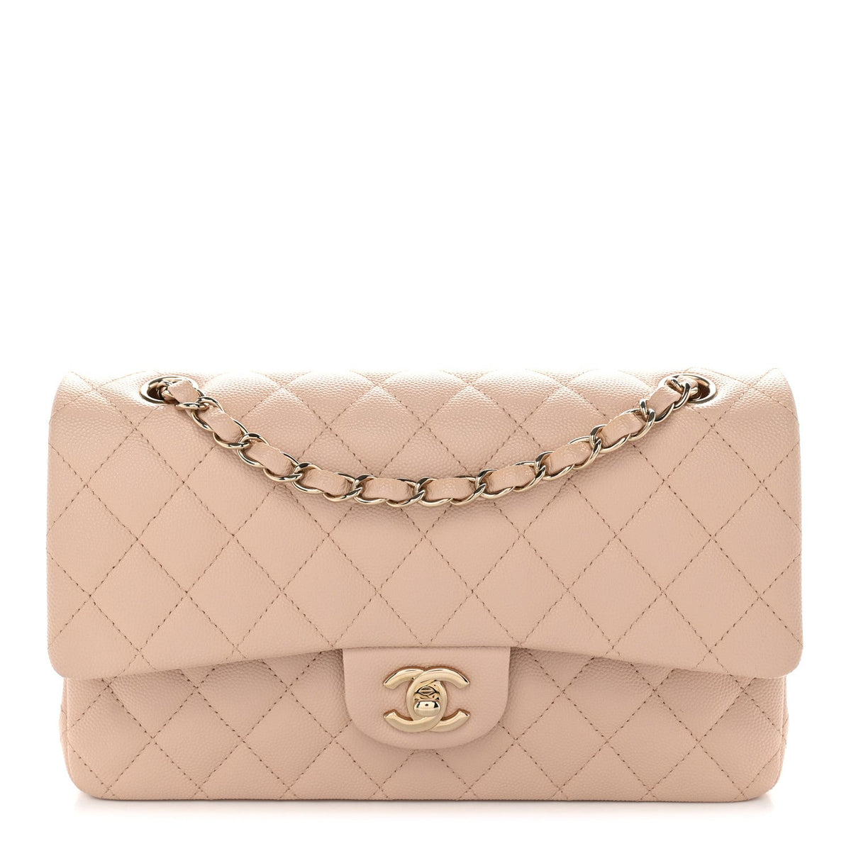 Medium Quilted Caviar Flap Shoulder Bag - Beige