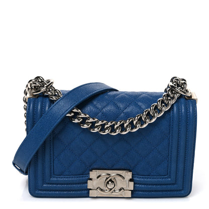 Small Quilted Caviar Flap Shoulder Bag - Blue