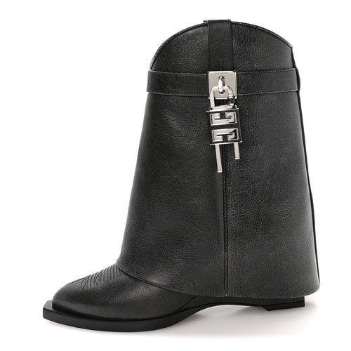 Aged Calfskin Cowboy Shark Lock Ankle Black
