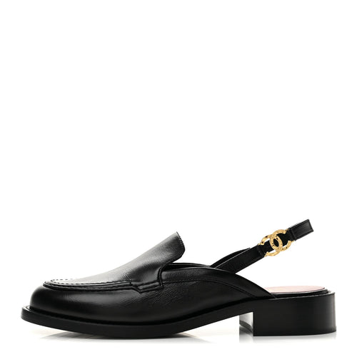 Glazed Calfskin CC Slingback Flats Black