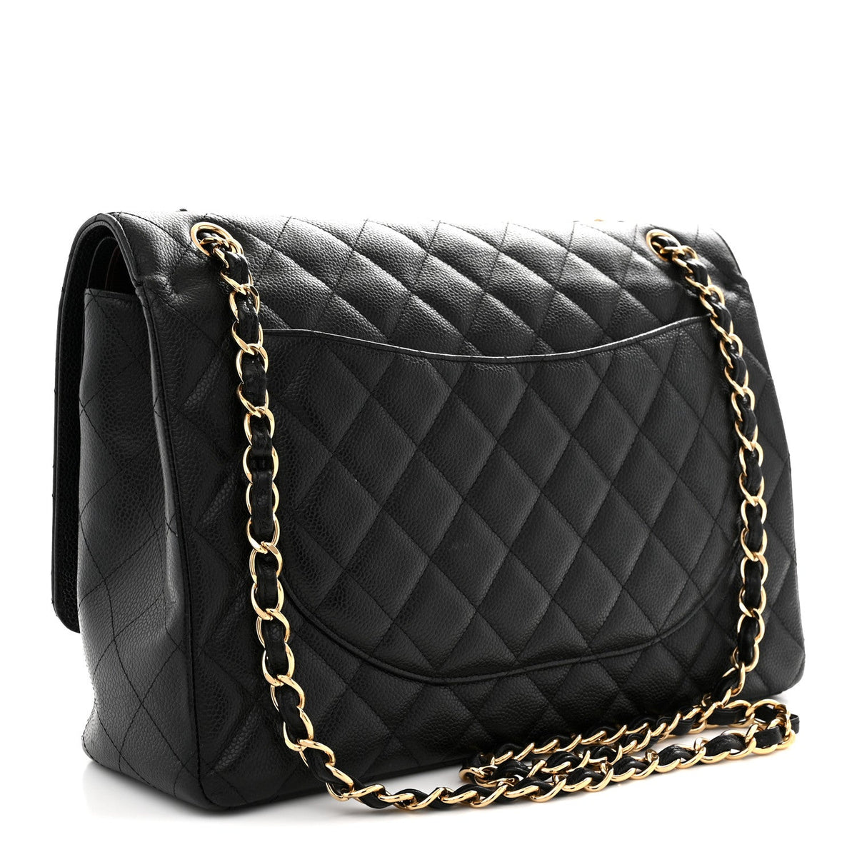 Maxi Quilted Caviar Flap Shoulder Bag - Black