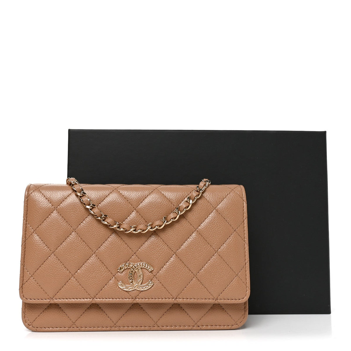 Quilted Caviar Wallet Bag - Beige