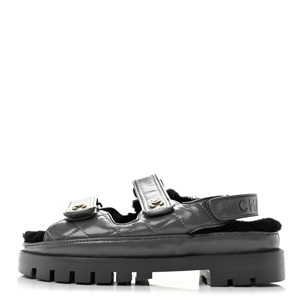 Laminated Lambskin Shearling Crystal CC Velcro Dad Platform Sandals Da