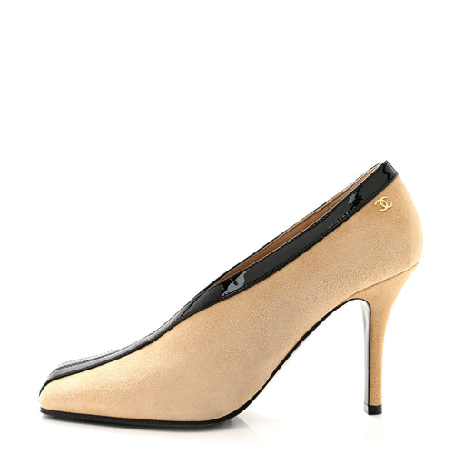 Suede Patent Calfskin Pumps Beige Black