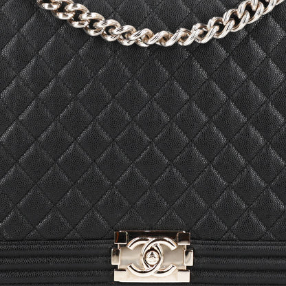 Large Quilted Caviar Flap Shoulder Bag - Black