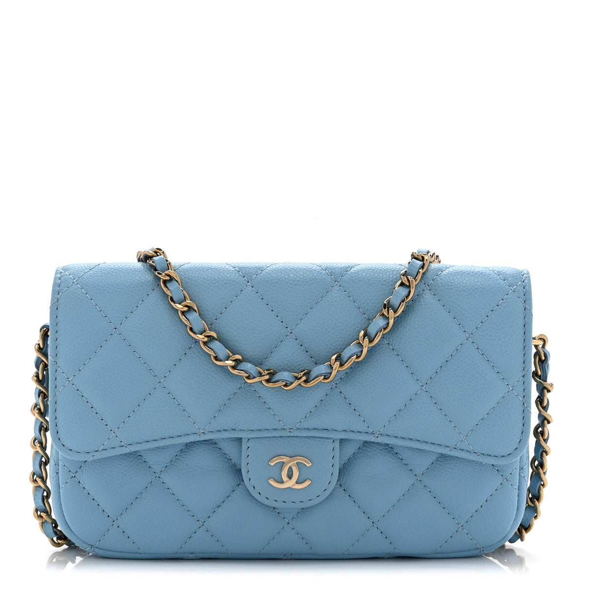 Quilted Caviar Flap Shoulder Bag - Light Blue