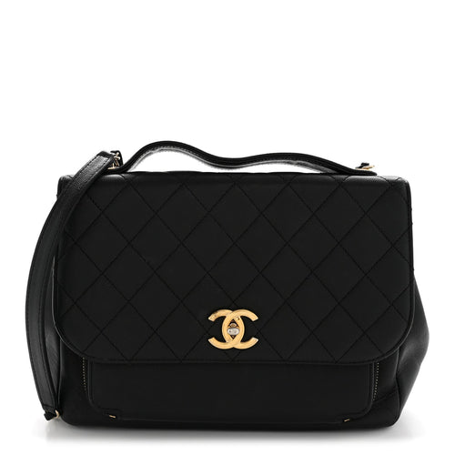 Large Quilted Caviar Flap Shoulder Bag - Black