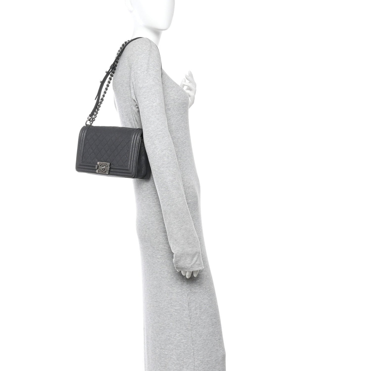 Medium Quilted Caviar Flap Shoulder Bag - Grey