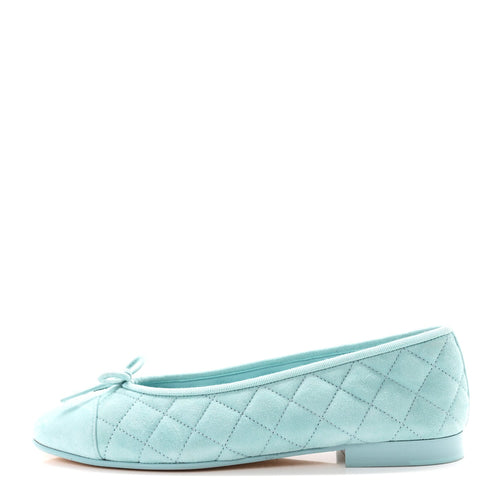 Suede Calfskin Quilted Cap Toe CC Ballerina Flats Light Blue