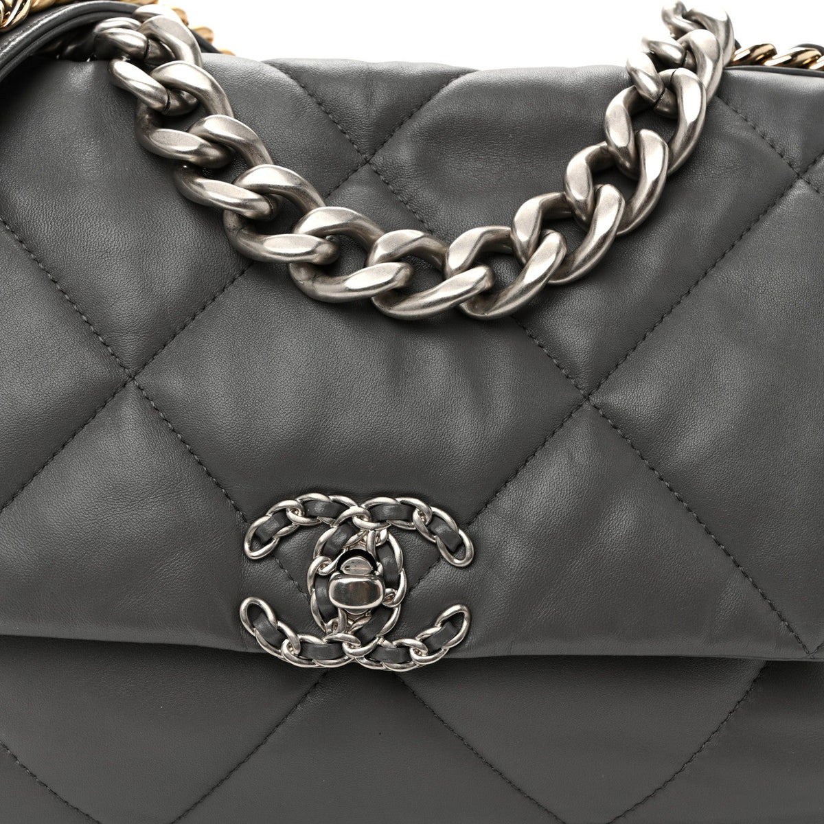 Large Quilted Lambskin Flap Shoulder Bag - Grey